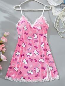 SANRIO 1pc Nữ  màu hồng dễ thương in kỹ thuật số, Bộ đồ ngủ màu hồng, Váy ngủ dễ thương, Cổ chữ V, Ren tương phản, Xẻ tà bên hông, Lưới mỏng & hở lưng, Váy lót gợi cảm, Rave cho đi chơi - Hồng - Xem 6