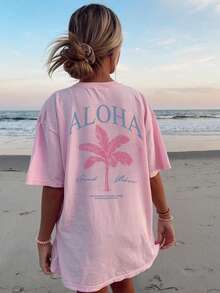 女士春夏新款棕榈树标语印花休闲圆领短袖T恤，时尚度假风，日常必备单品。女士度假图案T恤 - 粉色 - 查看 7