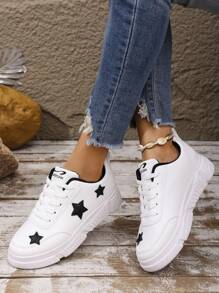 Zapatillas planas con cordones, nueva llegada 2025 para adolescentes de vuelta al colegio. Diseño de estrella de moda, casual de suela gruesa cómoda para uso diario y viajes, para mujeres de talla grande.