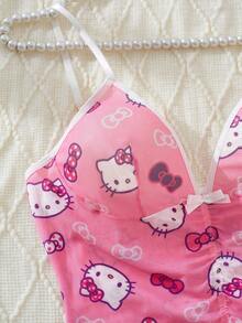 Sanrio 1 件女式 V 领 Hello Kitty 数码印花紧身吊带裙、细肩带、透视露背、女士太阳裙、夏季睡袍、娃娃装、性感内衣、性感内衣裙 - 粉色 - 查看 8