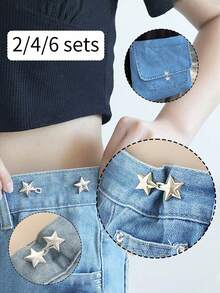 2/4/6 套可调节腰带扣无需缝制可拆卸牛仔裤腰部拉伸大变化小金属延长扣，可爱星形腰部紧缩扣裤子别针适用于牛仔裤、裙子、裤子、领口纽扣胸针适用于女性和男性，金属、时尚和可拆卸裤子夹，女孩、学生和妈妈的包配件