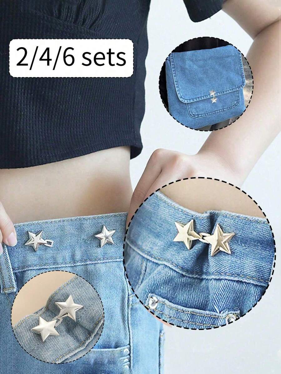 2/4/6 套可调节腰带扣无需缝制可拆卸牛仔裤腰部拉伸大变化小金属延长扣，可爱星形腰部紧缩扣裤子别针适用于牛仔裤、裙子、裤子、领口纽扣胸针适用于女性和男性，金属、时尚和可拆卸裤子夹，女孩、学生和妈妈的包配件