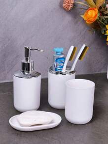 4 件个性化简约纯色浴室配件套装，包括乳液分配器、肥皂盒、玻璃杯和牙刷架，适用于浴室装饰、乔迁礼物、浴室存储和整理、学生宿舍必需品