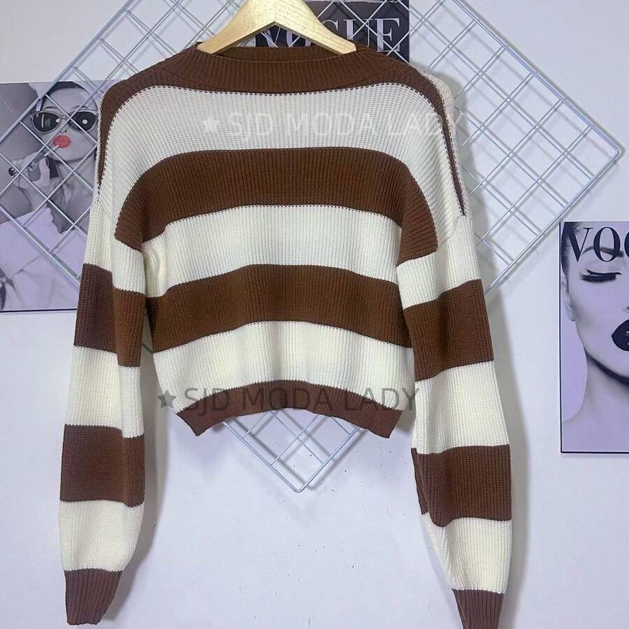 SJD MODA LADY Striped Sweater Knit Modal Off Shoulder Super Autumn Winter Korean Style Best Fabric - Brown and White Stripe - View 1