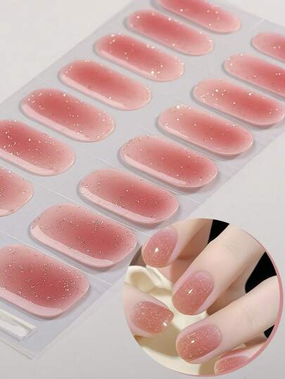 16pcs Pink Semi Cured Gel Nail Strips, Simple Faux Diamond Glossy Glitter Self Adhesive Gel Nail Stickers, Easy To Manicure, UV Lamp Required, Suitable For Women's Home DIY Nail Supplies