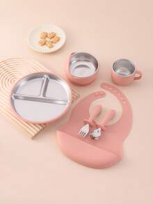 6PCS Print On Demand Silicone Bib Stainless Steel Cup Spoon Fork Sets Self Feeding Training Bowl Plate With Suction Base Tableware Sets, Shower Gift, Led Weaning, Personalized Gift - Multicolor - View 14