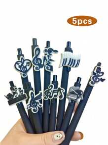 5/10/20pcs Music Note Series Retractable Ballpoint Pens, Medium Point, Plastic Black Barrel With Random Music-Themed PVC Soft Rubber Decals School Supplies,Back To School