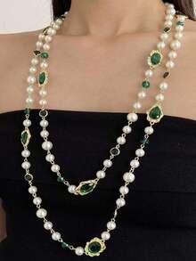 1 Piece Beaded Faux Pearls Crystals Emeralds Gorgeous Fashion Metal Multi-Color Women's Necklace For Dating Party Beach Vacation With Daily Clothing Accessories, Jewelry Gift - 長款 - 查看 3