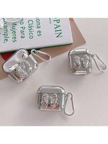 电镀蝴蝶结设计保护套，兼容苹果蓝牙耳机，防刮防摔，适用于蓝牙耳机充电盒 - 銀色 - 查看 7