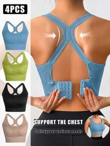 4pcs EssElegance High Support Sports Bra For Women With Padded & Mesh Panels, Bras For Women Breathable Stretch Fit For Yoga Running Training, Ultra-Soft Breathable Fabric - 彩色 - 查看 1