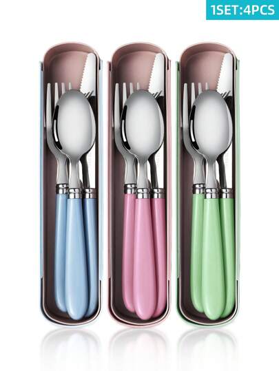 Juego de cubiertos reutilizables de acero inoxidable portátil para estudiantes, con caja de almacenamiento, tenedor y cuchara duraderos, adecuado para comidas al aire libre, camping y picnics, práctico juego de utensilios de viaje