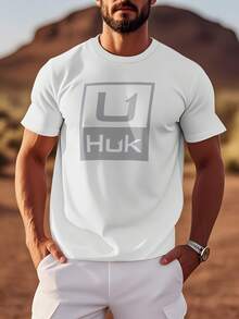Men'S Lightweight HUK Graphic T-Shirt - Breathable & Stylish, Casual Round Neck Tee With Unique Print Design, Perfect For Casual Attire,All-Season - White - View 7