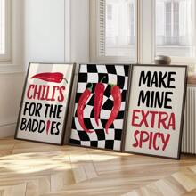 3 stuks, oningelijst, keukenmuurkunst, chilipeperprint, rood-zwarte decoratie, moderne keukendecoratie, foodie cadeau voor hem/haar, esthetische kunst, barwagenkunst, wanddecoratie, canvaskunst voor woonkamer, slaapkamer, kantoor, café, slaapzaal, gang, huis- en kamerdecoratie