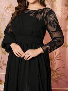 Plus Size Asymmetrical Hem Long Sleeve Sequin Embroidered Patchwork Waist Cinched Slimming Cocktail Party Dress
