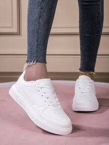 White Lace-Up Flat Sneakers, Fashionable, Comfortable, Breathable Casual Shoes For Students, New Summer Campus Style For Women, Pure White