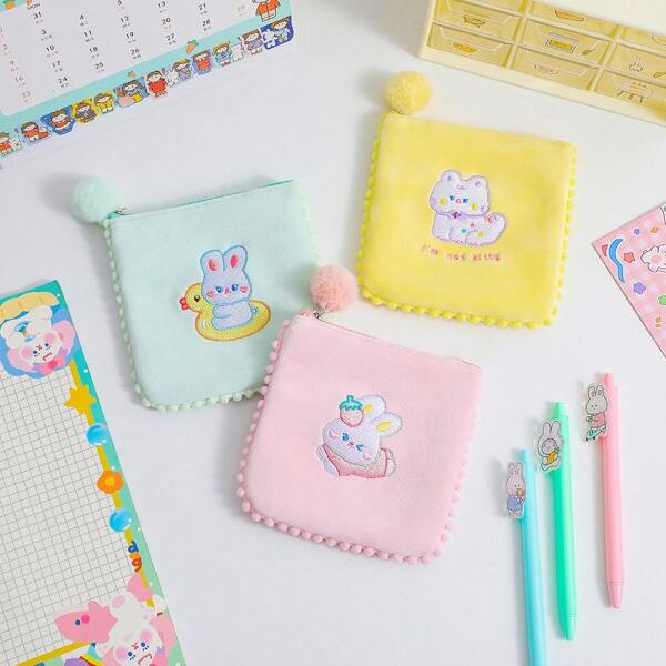 Pochette de serviette hygiénique avec motif d'ourson mignon pour filles/étudiantes, pochette de rangement de style japonais pour serviette hygiénique/écouteurs avec broderie