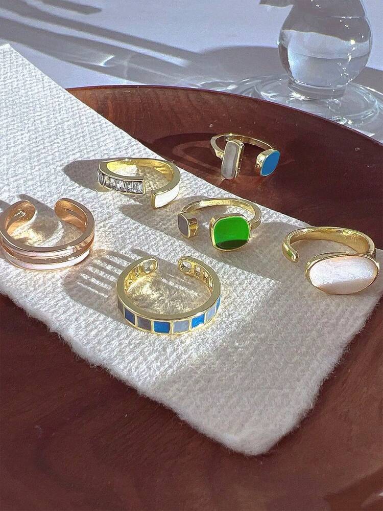 9-5 件复古时尚优雅复古硬币金属多元素彩色宝石、猫眼、水晶镶嵌亚克力可调节戒指套装，厚实锤纹不对称几何戒指，波西米亚风格多层堆叠戒指，适合女士、男士、情侣、夏季、度假、派对、婚礼、日常搭配、节日礼物 - 彩色 - 查看 18