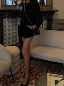 女式纯色粗花呢圆领口袋前扣休闲夹克 - 黑色 - 查看 5