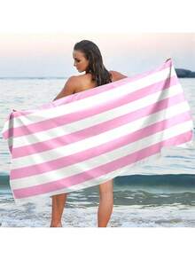 1pc Oversized Pink Striped Beach Towel, Thickened Sand-Proof Soft Blanket, Suitable For Swimming Pool, Beach, Large Beach Towel Shawl For Women, Digital Printing Fast-Drying Bath Towel, Cute Pink & Blue Striped Super Absorbent Sports Towel, Portable Beach Towel For Gym, Marathon, Water-Resistant Anti-Sand Anti-Dust, Essential For Beach Shower, Swimming For Couples, Beach Accessories, Pool Float - Pink - View 4