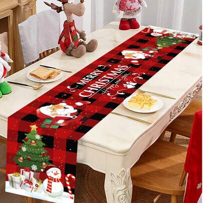 1 件圣诞快乐桌旗，180 * 35 厘米涤纶桌旗，带黑色和红色格子的桌布，圣诞树，圣诞老人，雪人设计，桌布，圣诞装饰，圣诞装饰，家居圣诞装饰，圣诞饰品，厨房装饰，餐桌装饰，桌面装饰