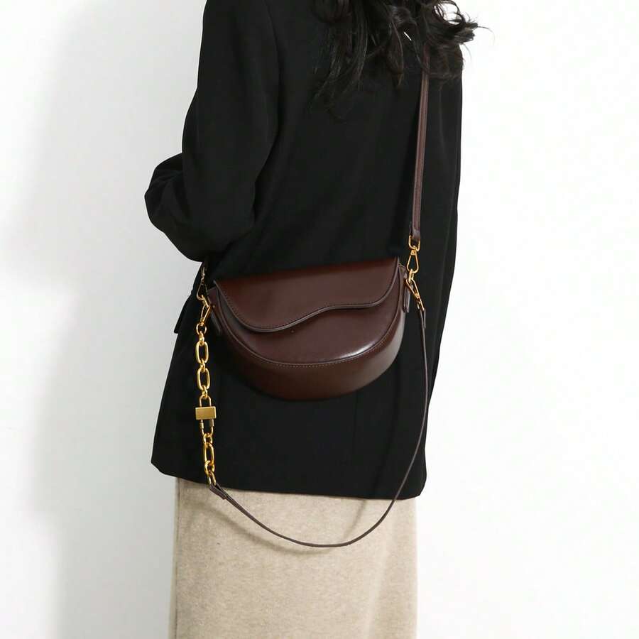 Retro Half-Round Flap Saddle Crossbody Bag, 2025 New Fashion Chain Shoulder Bag For Women, Elegant Personalized Casual Daily Commute Shoulder Bag, Dating Gift - Coffee Brown - View 1