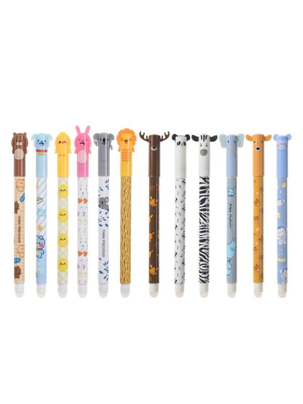 12 peças Canetas Gel com Cavalete de Animal Fofo, ponta de 0,5 mm, Lavável e Apagável, Cores Pastel com Designs Alegres - Ideal para uso em Escritório e Papelaria, Suprimentos de Escritório | Design Alegre | Suprimentos Escolares com Tinta Lavável, De Volta às Aulas
