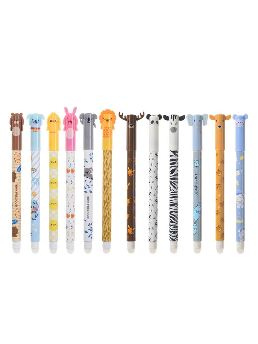 12 peças Canetas Gel com Cavalete de Animal Fofo, ponta de 0,5 mm, Lavável e Apagável, Cores Pastel com Designs Alegres - Ideal para uso em Escritório e Papelaria, Suprimentos de Escritório | Design Alegre | Suprimentos Escolares com Tinta Lavável, De Volta às Aulas