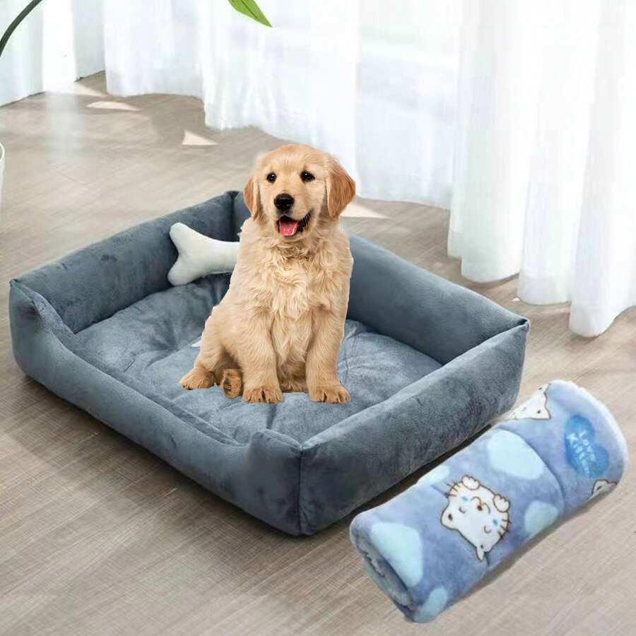 Pet Bed, Washable Fluffy Dog Bed, Cat Bed With Blanket, Dog Cushion With Bone-Shaped Pillow, Pet Bed With Anti-Slip Design, 80*60cm, For Cats, Dogs, Pets