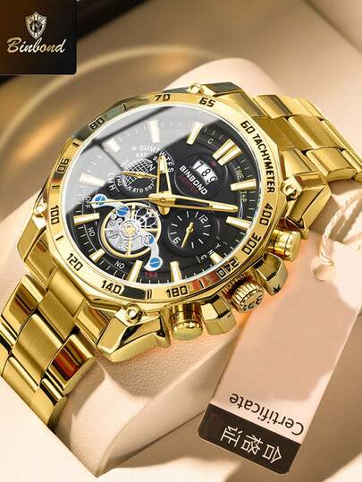  BINBOND Luxury Men's Quartz Watch, Fashion Decorative Dial, Casual Military Sport Stainless Steel Waterproof Wristwatch