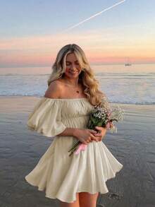 Vestido corto con hombros descubiertos, estilo vacaciones en la playa - Albaricoque - Ver 5