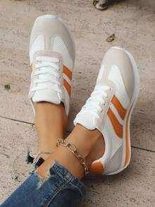 Women'S Fashionable Orange Sneakers With White Laces And Rubber Soles - Casual Low Top Sneakers For All Seasons, Comfortable Walking Shoes|Casual Footwear|Rubber Sole Sneakers - Orange - View 4