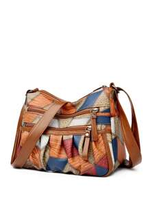 Bolso de hombro de mujer de PU con bloques de color y parches, de gran capacidad con múltiples bolsillos, bolso cruzado para compras, casual, para vacaciones y viajes, bolso de mensajero versátil con monedero y bolsa cuadrada plisada para ir al trabajo diario