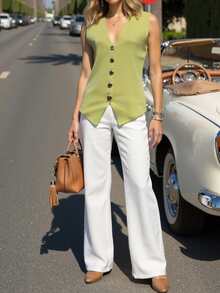Women's Fashionable Button Knitted Vest Style Casual Short Cardigan, Spring/Autumn - Light Green - View 4