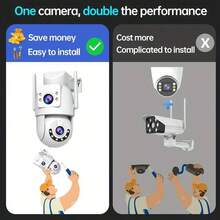 5MP 户外 Wi-Fi 智能双摄像头系统宠物、老人和保姆监控夜视双向音频通信 IP66 防水等级自动跟踪 360° 平移倾斜存储卡和云存储 Type-C 供电安全监控设备注意：随附的 64GB 存储卡（实际可用容量 58.2GB）为单张存储卡，不包含监控服务。
