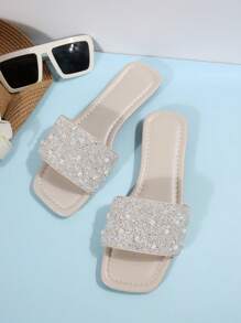 1 paire de sandales plates élégantes pour femmes, style boho sexy et casual en PU perlé, confortables et polyvalentes pour le bureau, l'extérieur, l'école, le mariage, l'été