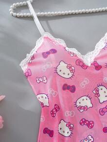 SANRIO 1pc Nữ  màu hồng dễ thương in kỹ thuật số, Bộ đồ ngủ màu hồng, Váy ngủ dễ thương, Cổ chữ V, Ren tương phản, Xẻ tà bên hông, Lưới mỏng & hở lưng, Váy lót gợi cảm, Rave cho đi chơi - Hồng - Xem 8