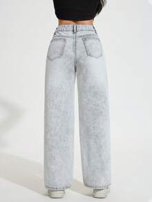 Calça jeans feminina reta e versátil, casual e solta, com bolso - Cinza - Ver 2