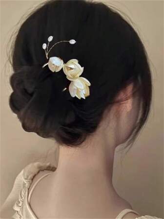 1pc Women's Elegant New Chinese Style Faux Jade Magnolia Flower U-Shaped Hair Clip, Suitable For Ponytail, Half Bun, Daily Outfits, Bohemian Chic Hair Accessory, Bun Extension, Bun Hair Piece, Hair Bun Maker, Hair Styling Pins, Bobby Pins, Hair Accessories, School Stuff, Hairpin