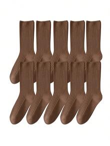 10 Pairs All Season Basic Solid Color Women Cotton Socks Girl Colorful In Tube Sock Free Size US5-9 - Cà phê nâu - Xem 1