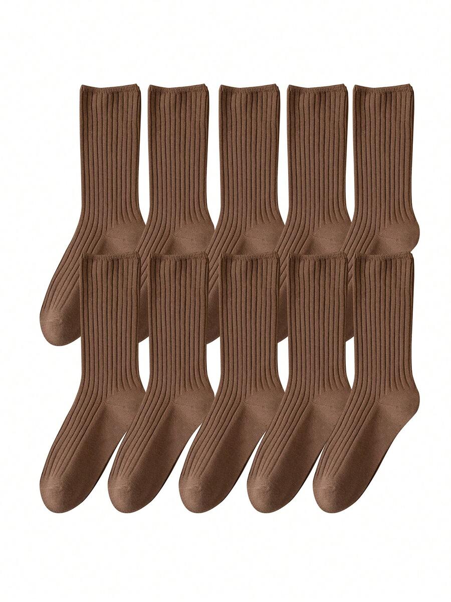 10 Pairs All Season Basic Solid Color Women Cotton Socks Girl Colorful In Tube Sock Free Size US5-9 - Cà phê nâu - Xem 1