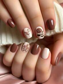 24pcs/Set Short Square Nails Fall And Winter Simple Rose Gentle Removable Fit Fake Nails Suitable For Students, Office Ladies, Party And Daily Wear Full Coverage Fake Nails Art Patches Press-On Nail Art Supplies +1pc Gel Jelly + 1pc Nail File Decorate Your Nails Enhance Your Fashionable Taste Nail Patches