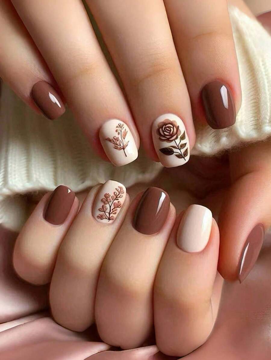 24pcs/Set Short Square Nails Fall And Winter Simple Rose Gentle Removable Fit Fake Nails Suitable For Students, Office Ladies, Party And Daily Wear Full Coverage Fake Nails Art Patches Press-On Nail Art Supplies +1pc Gel Jelly + 1pc Nail File Decorate Your Nails Enhance Your Fashionable Taste Nail Patches