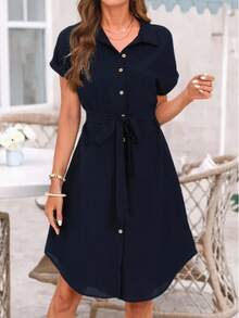 Women's Summer Casual Shirt Dress Elegant Solid Color Polyester Shirt Dress Button Front Belt Lapel Shirt Dress - 藍色 - 查看 2