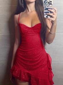 Women's Sexy Ruffle Trim Bodycon Camisole Dress, Romantic Sequin Embellished Short Dress, Suitable For Evening Party And Celebration, Valentine's Day, Carnival - Red - View 3