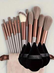18Pcs Makeup Brush Set,Including 5pcs Black Triangle Shaped Powder Puff Set For Loose Powder, With Crystal Velvet Short Hair, Soft And Adhesive,With 13Pcs Makeup Brush Set Soft Fluffy Professional Cosmetic Foundation Powder Eyeshadow Blending Make Up Brush Beauty Tool With Bag Makeup Sponge Beauty Gift For Makeup Beginner Brown Random Color,Set For Travel, Travel Goods, Vacation, Beach