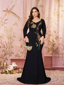 SUPGIR 大码女式V领长袖亮片刺绣修身美人鱼针织长款优雅晚礼服派对 - 黑色 - 查看 2