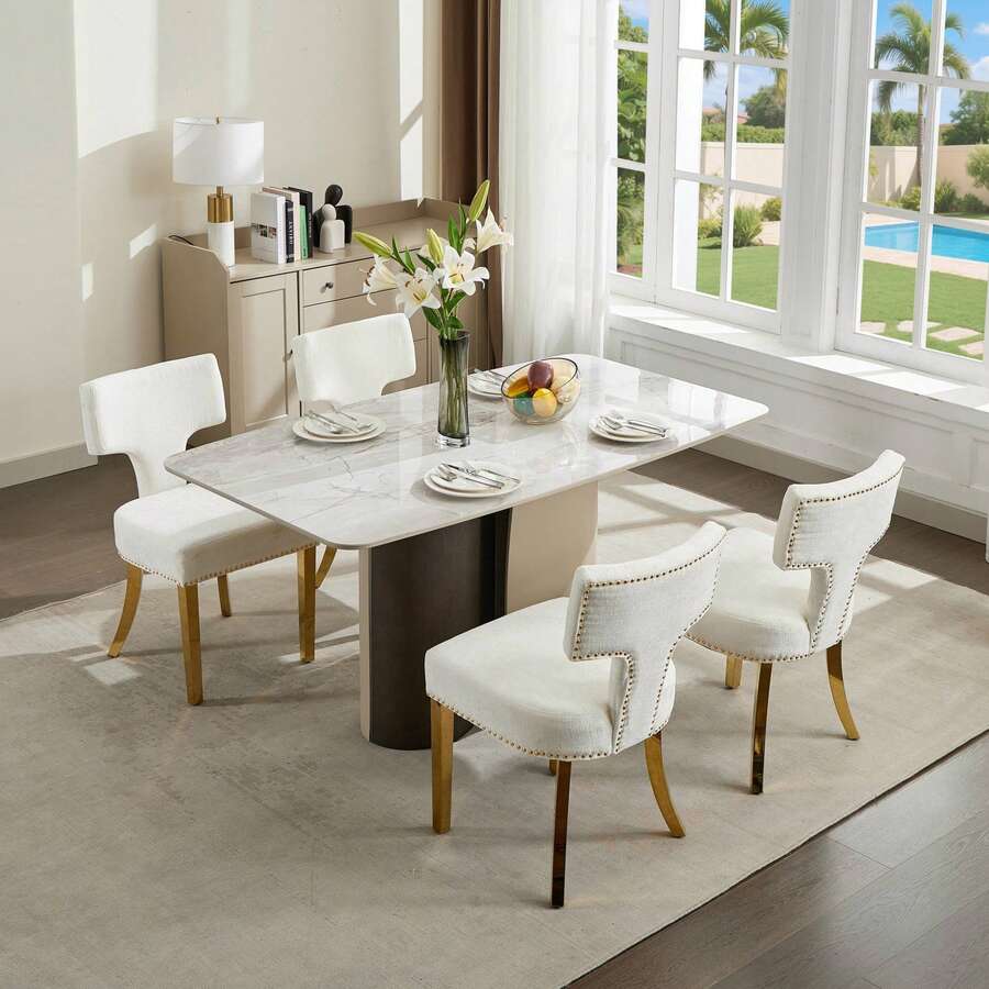 Luxury Living Room Multifunctional Decorative Dining Chair (2PC), Chenille Cushioned Kitchen Chair, Ergonomic Curved Backrest, Retro Industrial Style Metal Leg Stool, Curved Backrest With Copper Nails, Suitable For Various Occasions Such As Living Room, Kitchen, Coffee Shop, Etc - 2PC-C款-米色(雪尼爾) - 查看 1
