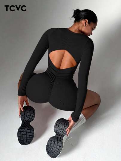 TCVC Women Backless Long Sleeve Jumpsuit, Sexy Open Back, Seamless Knitted Jumpsuit, Indoor Outdoor Sport Yoga, Skin-Friendly Fabric, Tight-Fitting Shaping Bodysuit Shapewear Bodysuit