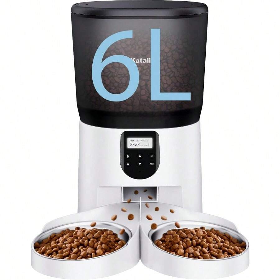 Automatic Cat Feeders For 2Cats 6L 25cup Automatic Cat Food Dispenser With 2 Stainless Pet Bowls 10s Meal Call Timer Setting 20 Portions 4Meals Per Day Timed Pet Feeder For Cats Dog Indoor Dry Food - 如圖 - 查看 1