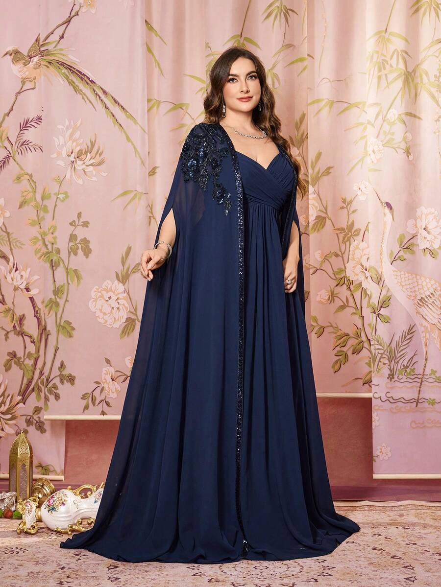 Váy Maxi Chiffon Thanh Lịch Có Eo Xếp Ly, Thiết Kế Hoa Thêu, Cổ Khăn Choàng Không Tay, Trang Trí Đính Hạt - Màu xanh hải quân - Xem 1